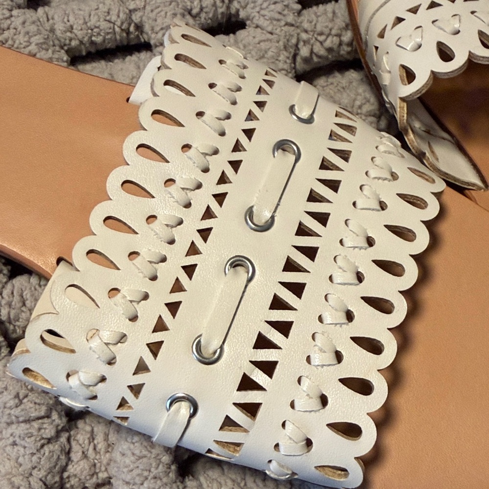 Indigo Laser-Cut Scalloped Slide Sandals - Picture 2 of 5